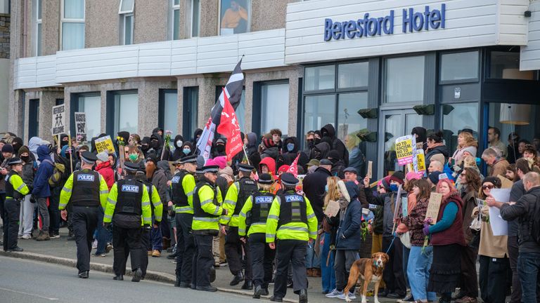 Police attended a protest outside a Newquay hotel which housed refugees in February