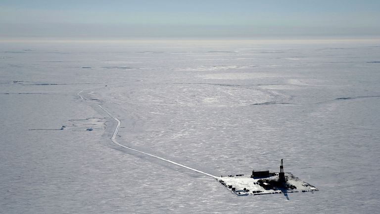 A 2019 aerial photo provided by ConocoPhillips shows an exploratory drilling camp at the proposed site of the Willow oil project in Alaska. Pic: AP