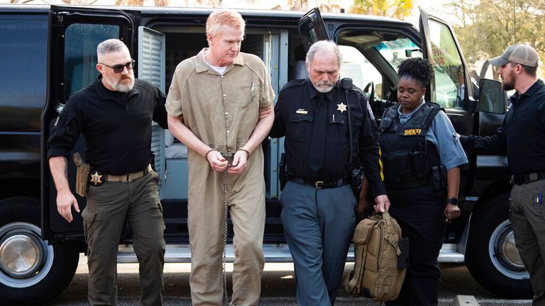 Alex Murdaugh is led to the Colleton County Courthouse by sheriff&#39;s deputies for sentencing Friday, March 3, 2023 in Walterboro, S.C., after being convicted of two counts of murder in the June 7, 2021, shooting deaths of Murdaugh&#39;s wife and son. ( Joshua Boucher/The State via AP, Pool)