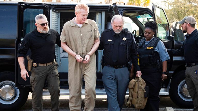 Alex Murdaugh is taken to the Colleton County Courthouse by sheriff's deputies for sentencing Friday, March 3, 2023 in Walterboro, SC after being convicted of two counts of murder in June 7, 2021, shooting Murdaugh' ;s death wife and child.  (Joshua Boucher/The State via AP, Pool)