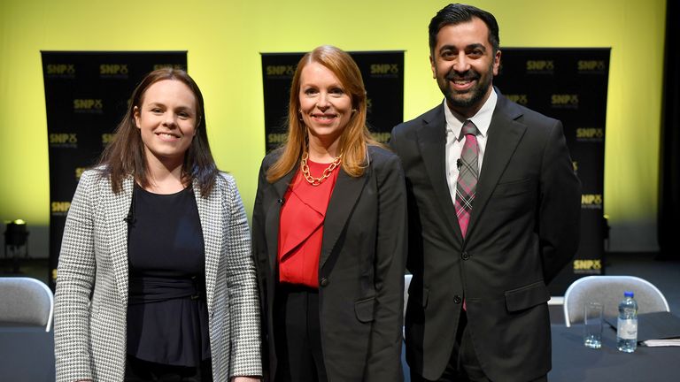 (left to right) Kate Forbes, Ash Regan and Humza Yousaf taking part in the first SNP leadership hustings in Cumbernauld.  Picture date: Wednesday March 1, 2023.