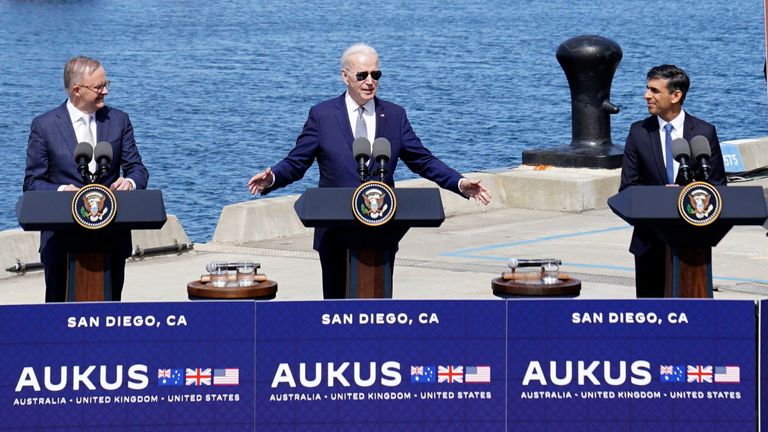 Britain&#39;s Prime Minister Rishi Sunak (R) with US President Joe Biden (C)  and Australian Prime Minister Anthony Albanese (L) at Point Loma naval base in San Diego. Pic: AP