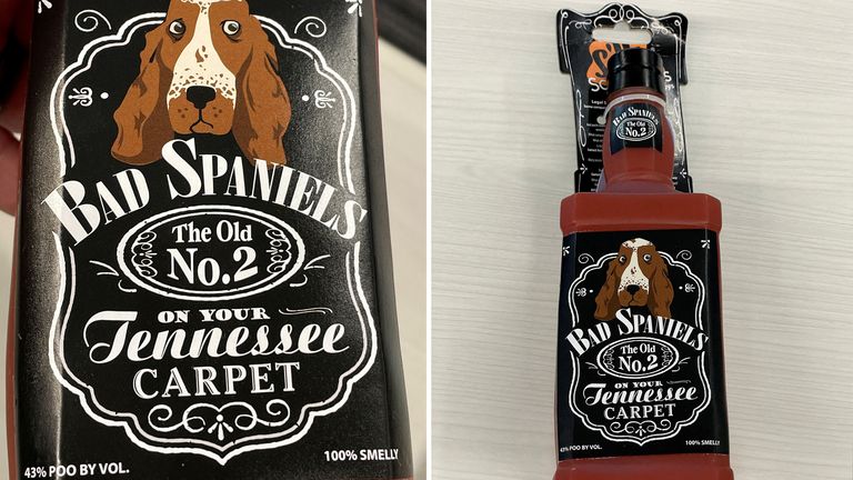 FILE PHOTO: A dog toy called ...Bad Spaniels,... shaped like a Jack Daniel&#39;s whiskey bottle, at the center of a trademark dispute that will go before the U.S. Supreme Court this week in a case that could redefine how the judiciary applies constitutional free speech rights to trademark law, is seen in Washington, U.S. on March 9, 2023.   REUTERS/Jim Bourg/File Photo
