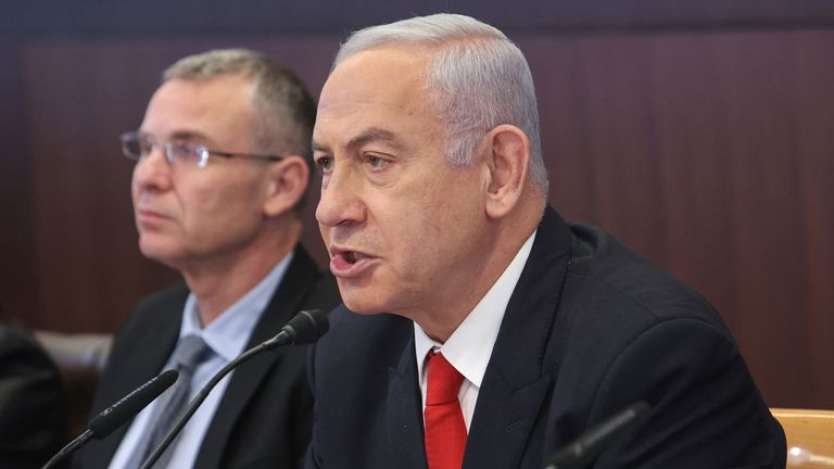 Israeli Prime Minister Benjamin Netanyahu chairs a weekly cabinet meeting at the prime minister's office in Jerusalem on March 5, 2023. Gil Cohen-Magen/Pool via REUTERS