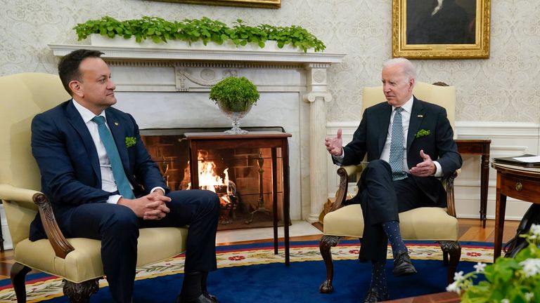 President Joe Biden meets with Ireland&#39;s Taoiseach Leo Varadkar in the Oval Office of the White House, Friday, March 17, 2023, in Washington. (AP Photo/Evan Vucci)