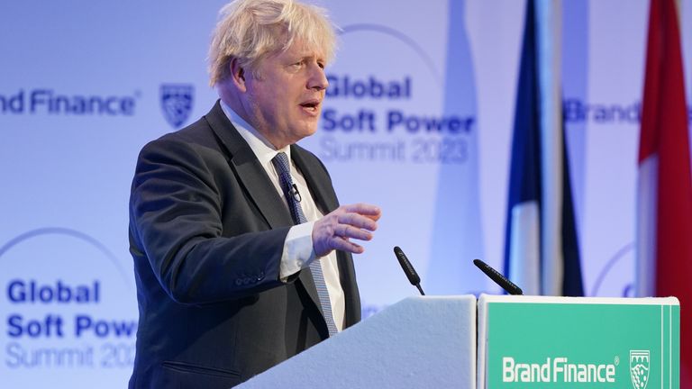 Former prime minister Boris Johnson speaks during the Global Soft Power Summit, at the Queen Elizabeth II Conference Centre, London. Picture date: Thursday March 2, 2023.
