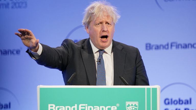 Former prime minister Boris Johnson speaks during the Global Soft Power Summit, at the Queen Elizabeth II Conference Centre, London. Picture date: Thursday March 2, 2023.
