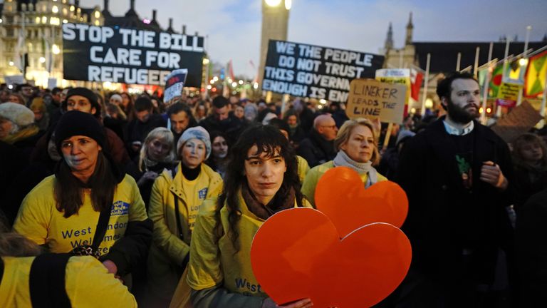 Demonstrators protesting against the Illegal Migration Bill in Parliament Square, London