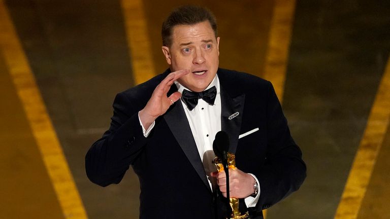 Brendan Fraser accepts the award for best performance by an actor in a leading role for "The Whale" at the Oscars on Sunday, March 12, 2023, at the Dolby Theatre in Los Angeles. (AP Photo/Chris Pizzello)