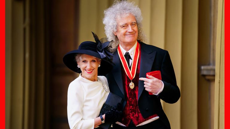 Sir Brian May after being made a Knight Bachelor by King Charles III, with his wife Anita Dobson, during an investiture ceremony at Buckingham Palace, London, for services to music and charity. Picture date: Tuesday March 14, 2023.

