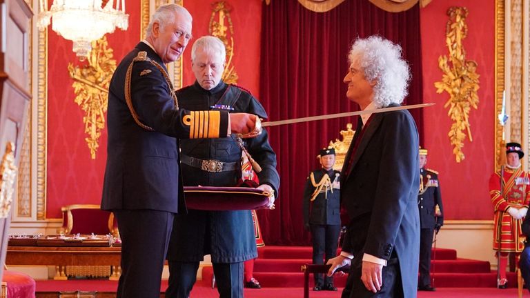 Sir Dr Brian May, musician, songwriter and animal Welfare Advocate, from Windlesham, is made a Knight Bachelor by King Charles III at Buckingham Palace. The honour recognises services to music and to charity. Picture date: Tuesday March 14, 2023.


