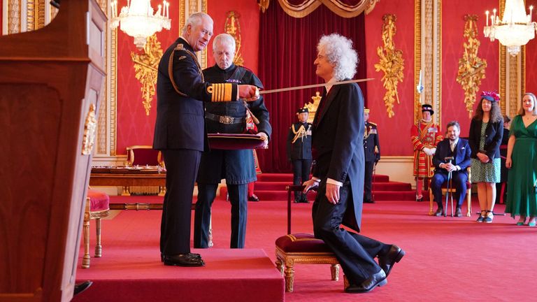 PABest Sir Dr. Brian May, musician, songwriter and animal Welfare Advocate, from Windlesham, is made a Knight Bachelor by King Charles III at Buckingham Palace. The honour recognises services to music and to charity. Picture date: Tuesday March 14, 2023.

