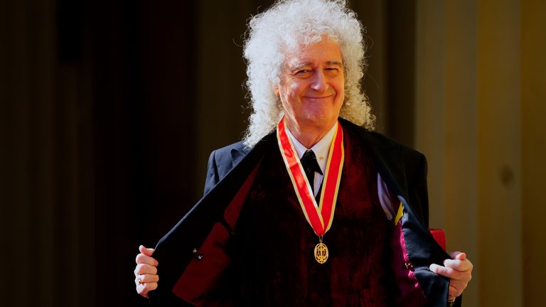 Sir Brian May after being made a Knight Bachelor by King Charles III during an investiture ceremony at Buckingham Palace, London, for services to music and charity. Picture date: Tuesday March 14, 2023.

