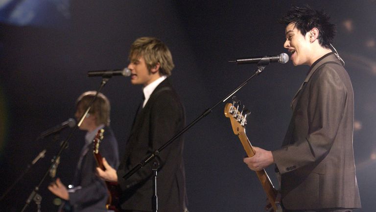 Boy band Busted performing live at the annual Brit Awards 2004