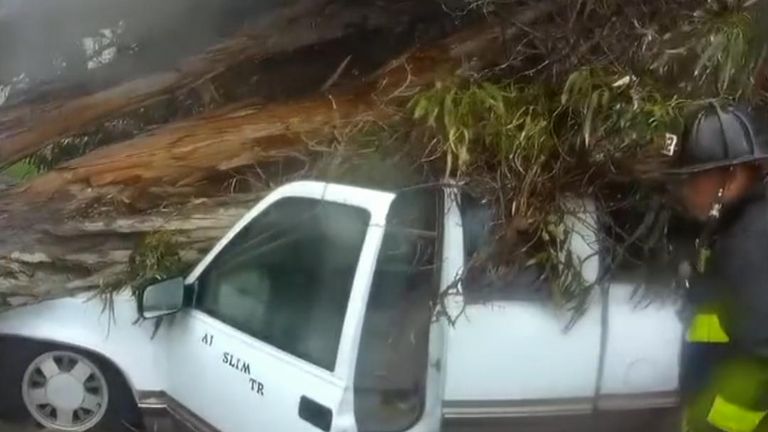 Tree crushes vehicle in California tornado