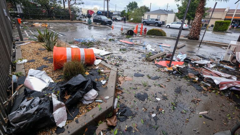 Debris is seen after a tornado hit Montebello, California.Image; Associated Press