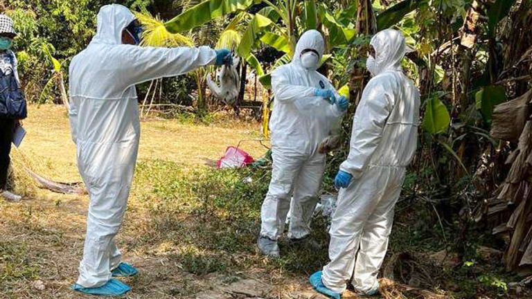 In this photo released by the Cambodian Ministry of Health, Cambodian health experts spray disinfectant on a village in Prey Veng, Cambodia's eastern province, Friday, Feb. 22.  February 24, 2023. An 11-year-old girl in Cambodia died this week from bird flu after her father tested positive for the virus but showed no major symptoms, health authorities said Friday.  (Cambodian Ministry of Health via Associated Press)