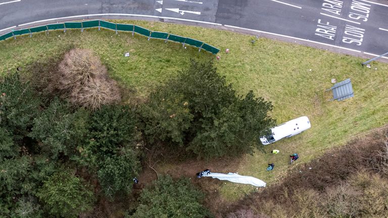 Scene in the St Mellons area of ​​Cardiff, where three people who disappeared during a night out have died in a road traffic accident.  Two other people who were also reported missing were taken to hospital with serious injuries.  Sophie Russon, 20, Eve Smith, 21, and Darcy Ross, 21, who made the trip from Porthcawl, and Rafel Jeanne, 24, and Shane Loughlin, 32, both from Cardiff, are seen last in the city in the early hours of Saturday.  Date taken: Monday, March 6, 2023.