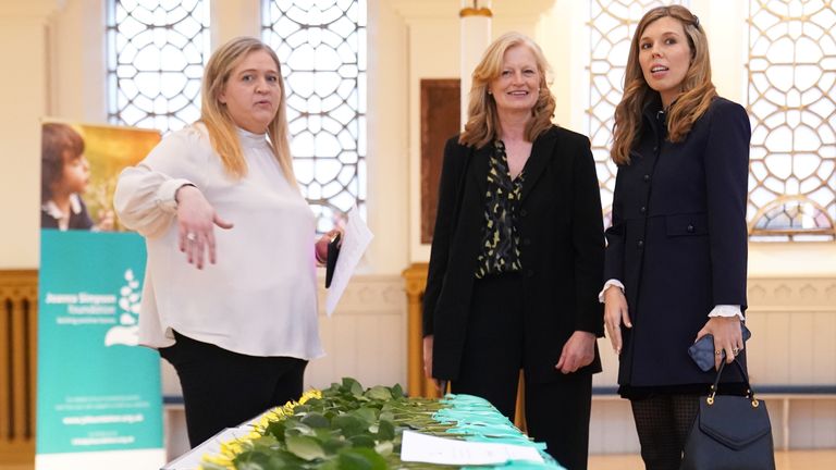 Carrie Johnson and Joanna Simpson&#39;s friend Hetti Barkworth-Nanton (centre) in Westminster, London, for the launch of a campaign to prevent release of Robert Brown. Picture date: Wednesday March 1, 2023.
