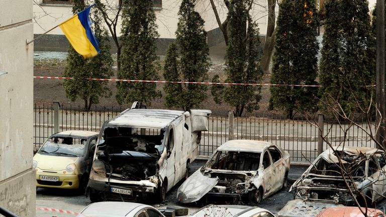 Cars caught fire after missile strike in kyiv