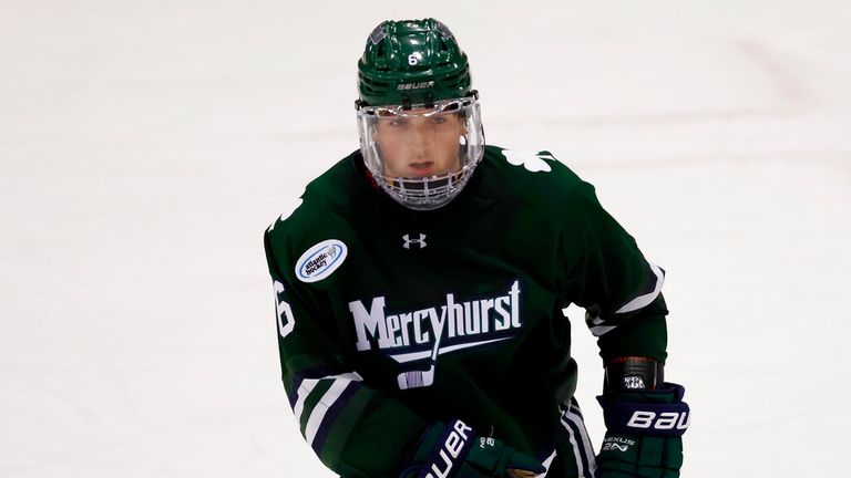 Mercyhurst Lakers center Carson Briere (6) skates up the ice during an NCAA hockey game against the Bowling Green Falcons on Saturday, Dec. 5, 2020, in Bowling Green, Ohio. (AP Photo/Kirk Irwin)