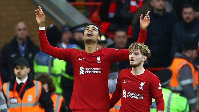 Cody Gakpo celebrates scoring Liverpool&#39;s first goal