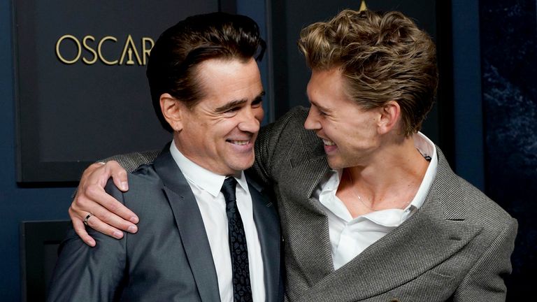 Colin Farrell, left, and Austin Butler arrive at the 95th Academy Awards Nominees Luncheon on Monday, Feb. 13, 2023, at the Beverly Hilton Hotel in Beverly Hills, Calif. (Photo by Jordan Strauss/Invision/AP)