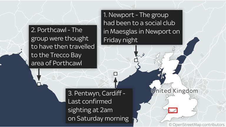 A map showing the locations the group were know to have visited before the crash