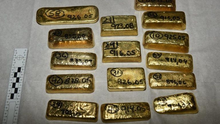     Gold bars seized by the National Crime Agency (NCA) at Heathrow Airport in 2019.