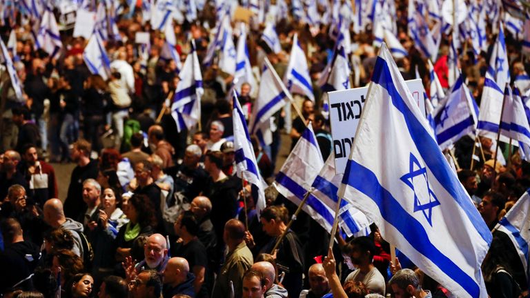 A demonstration takes place in Tel Aviv against the government plans for its contentious judicial overhaul