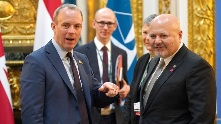 Justice Secretary Dominic Raab greets Prosecutor of the International Criminal Court Karim Khan (right) ahead of their speeches during the Justice Ministers&#39; conference at Lancaster House, London, in support of the International Criminal Court (ICC) and the investigation into the situation in Ukraine. Picture date: Monday March 20, 2023.