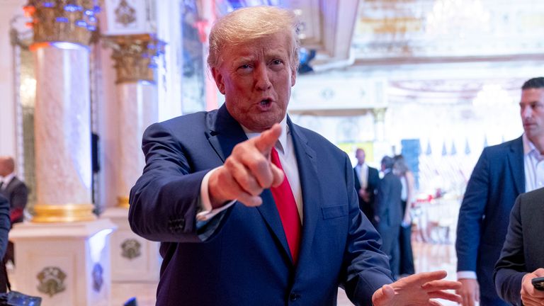 Former President Donald Trump speaks to members of the media at Mar-a-lago on Election Day, Tuesday, Nov. 8, 2022, in Palm Beach, Fla.  (AP Photo/Andrew Harnik)