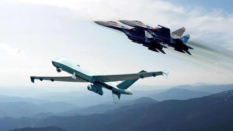 Russian SU-27 jet and US MQ9 reaper drone