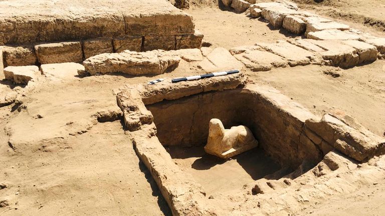 A  sphinx statue believed to be made in the likeness of a Roman emperor is uncovered from an archaeological site in Qena, Egypt. Pic: Egyptian Ministry of Tourism and Antiquities/AP