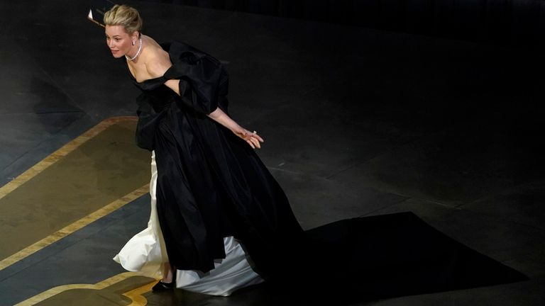 Elizabeth Banks nearly takes a tumble. Pic: AP