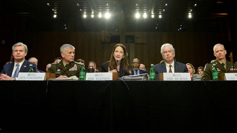 (L to R) FBI Director Christopher Wray, NSA Director Paul Nakasone, Director of National Intelligence Avril Haines, CIA Director William Burns and Defense Intelligence Agency Director Scott Berrier