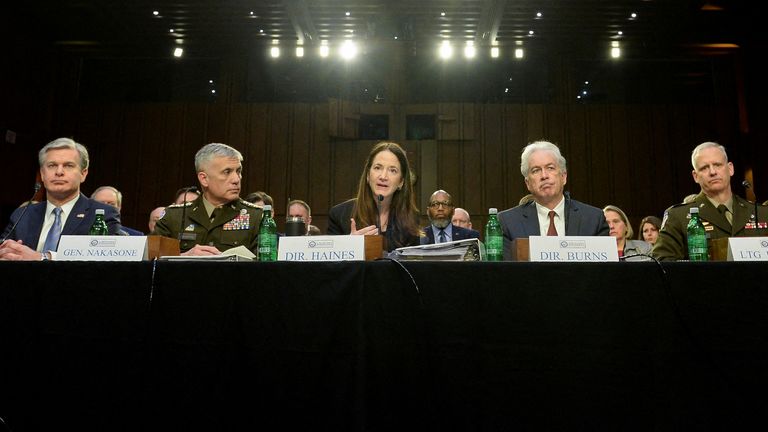 (LR) FBI Director Christopher Wray, National Security Agency Director Paul Nakasone, Director of National Intelligence Avril Haines, CIA Director William Burns and Defense Intelligence Agency Director Scott Berrier