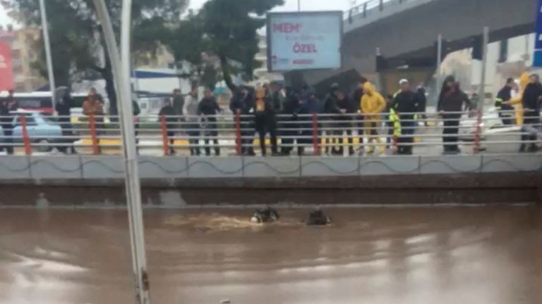 Rescue workers search at the underpass that got flooded following torrential rains, in Sanliurfa, Turkey March 15, 2023, in this screen grab obtained from a social media video. Esat Baran/via REUTERS THIS IMAGE HAS BEEN SUPPLIED BY A THIRD PARTY. MANDATORY CREDIT. NO RESALES. NO ARCHIVES.