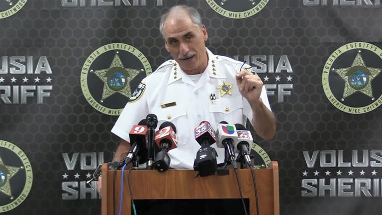 Sheriff Mike Chitwood called out a far-right group of "cowardly scumbags" at a fiery news conference. Pic: Volusia Sheriff&#39;s office
