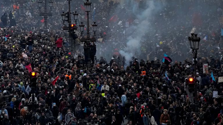 Hundreds of people marching during a rally in Paris Pic: AP 