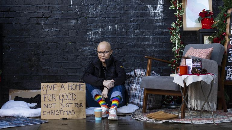 Gail Porter sits in an installation by Single Homeless Project under Camden Lock bridge, designed to raise awareness of Londoners facing homelessness over the festive period