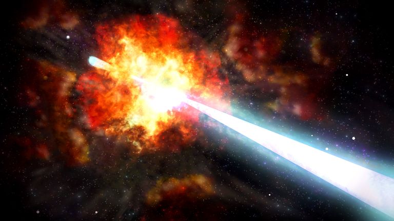 An artist&#39;s impression of a beam of intense radiation produced by a cosmic explosion. Pic: Liverpool John Moores University
