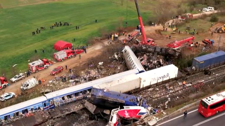Aerials in daylight show extent of train crash in Greece