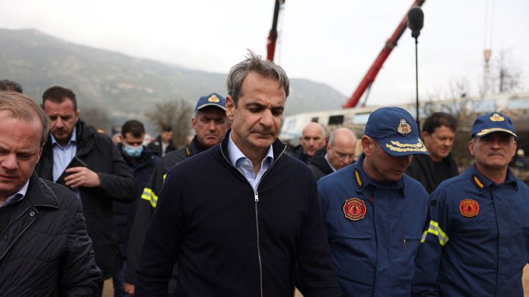 Greek Prime Minister Kyriakos Mitsotakis visits the site of an accident, where two trains collided, near the town of Larissa, Greece, March 1, 2023. REUTERS/Alexandros Avramidis