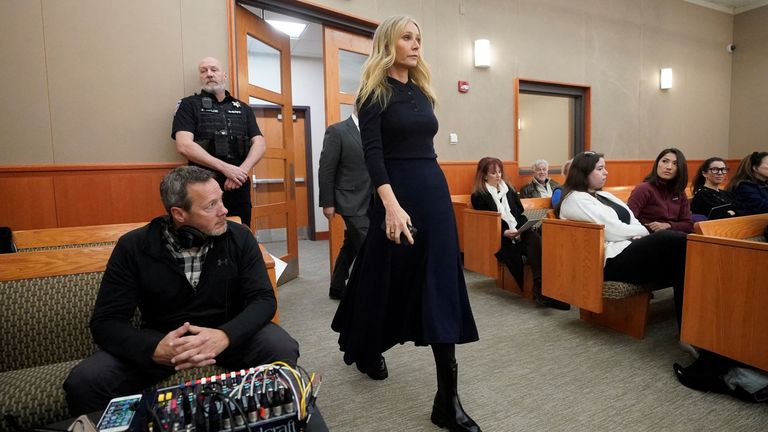 Gwyneth Paltrow enters the courtroom for her ski crash trial, in Park City, Utah, U.S. March 24, 2023. Rick Bowmer/Pool via REUTERS