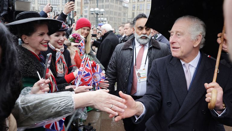  King Charles III greets locals at Hamburg City Hall on March 31, 2023 in Hamburg