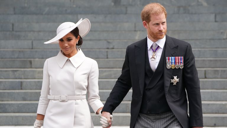 The Duke and Duchess of Sussex leave the National Service of Thanksgiving at St Paul&#39;s Cathedral, London, on day two of the Platinum Jubilee celebrations for Queen Elizabeth II. Picture date: Friday June 3, 2022.