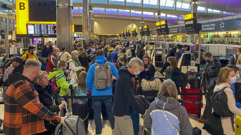 Chaos at Heathrow Airport as schools close for Easter. April 2022.