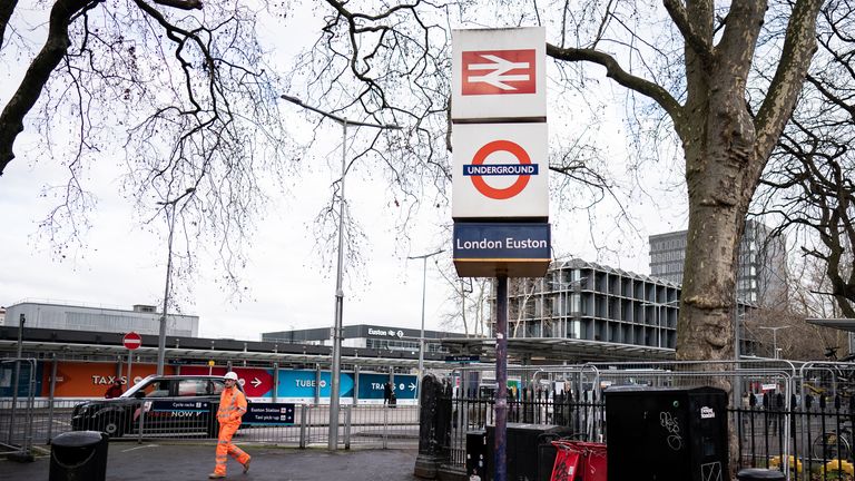 A sign for rail and underground services at London Euston station near to the proposed site of the HS2 terminal where work started six years ago with more than £1 billion already spent. A huge area to the west and northwest of the existing mainline station has been cleared to make space for the high-speed railway, and many properties have been bought. Soaring inflation means the redeveloped Euston station may not open until 2038 and could be axed completely with trains instead stopping at a new 