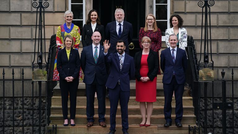 Newly elected First Minister of Scotland Humza Yousaf on the steps of Bute House, Edinburgh, with his cabinet after their first meeting. Picture date: Wednesday March 29, 2023.